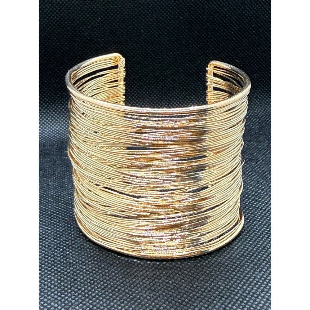 Gold Tone Multi Strand Wire Cuff Bracelet Wide Statement Layered Bangle Women